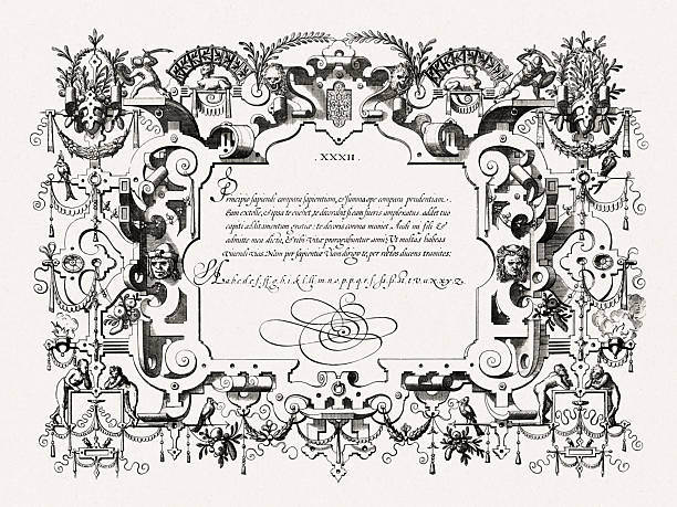 istock Renaissance calligraphy with ornate frame and decorative details. Antique engraving from Brussels, 1569. 2237293672