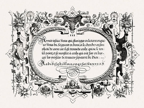 istock Renaissance calligraphy with ornate frame and decorative details. Antique engraving from Brussels, 1569. 2237293683