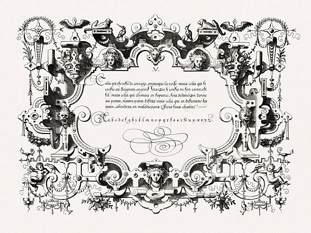 istock Renaissance calligraphy with ornate frame and decorative details. Antique engraving from Brussels, 1569. 2237293689