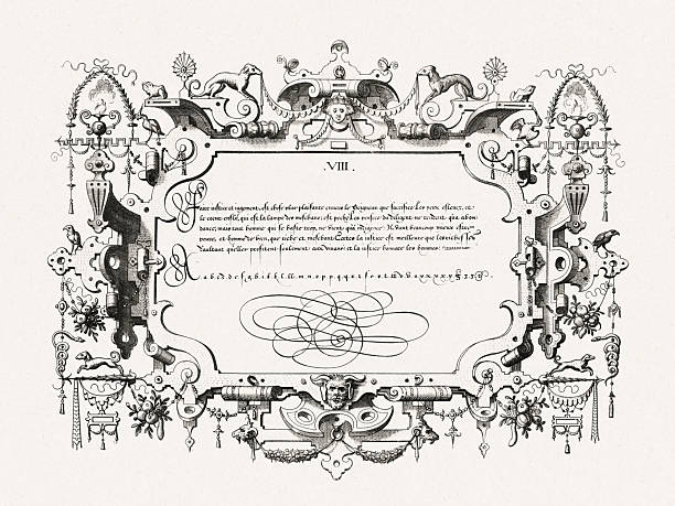 istock Renaissance calligraphy with ornate frame and decorative details. Antique engraving from Brussels, 1569. 2237293691