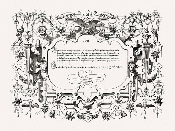 istock Renaissance calligraphy with ornate frame and decorative details. Antique engraving from Brussels, 1569. 2237293695