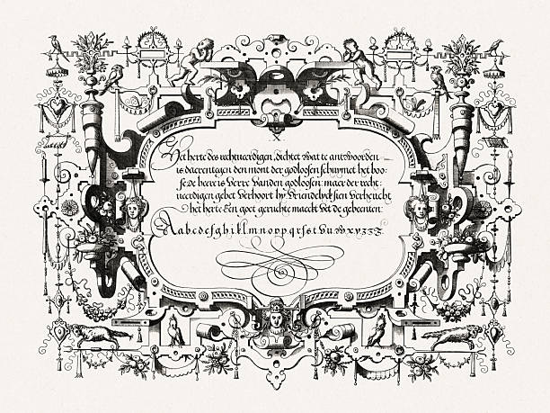 istock Renaissance calligraphy with ornate frame and decorative details. Antique engraving from Brussels, 1569. 2237293701