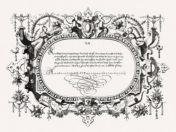 istock Renaissance calligraphy with ornate frame and decorative details. Antique engraving from Brussels, 1569. 2237293716