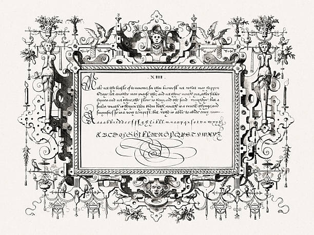 istock Renaissance calligraphy with ornate frame and decorative details. Antique engraving from Brussels, 1569. 2237293726