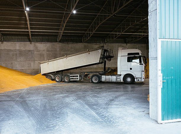 Truck unloading the soybeans at the silo warehouse