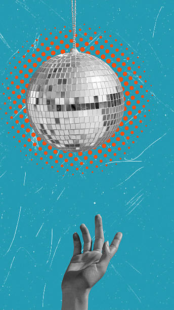 Art collage, A hand reaches up towards a sparkling disco ball suspended in the air. The striking blue background highlights the shimmering reflections, creating a lively atmosphere.