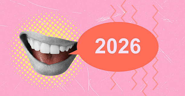 Art collage, A cheerful mouth displays bright teeth against a pink background. A large orange speech bubble shows the year 2026, suggesting a playful or futuristic theme.