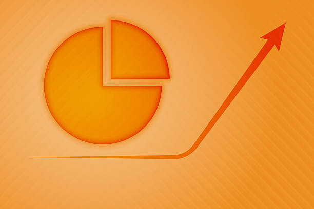 Upward increasing brown colored retro style up arrow curve after stagnant flat period and pie chart (25% quarter share cut sector) on graph  for increasing stock market profits growth, sales data progress, on blank vector peach orange textured background.