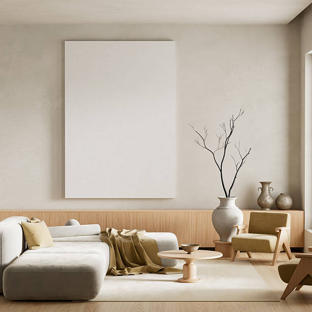 Modern interior with mock up poster frame and neutral sofa. 3D illustration