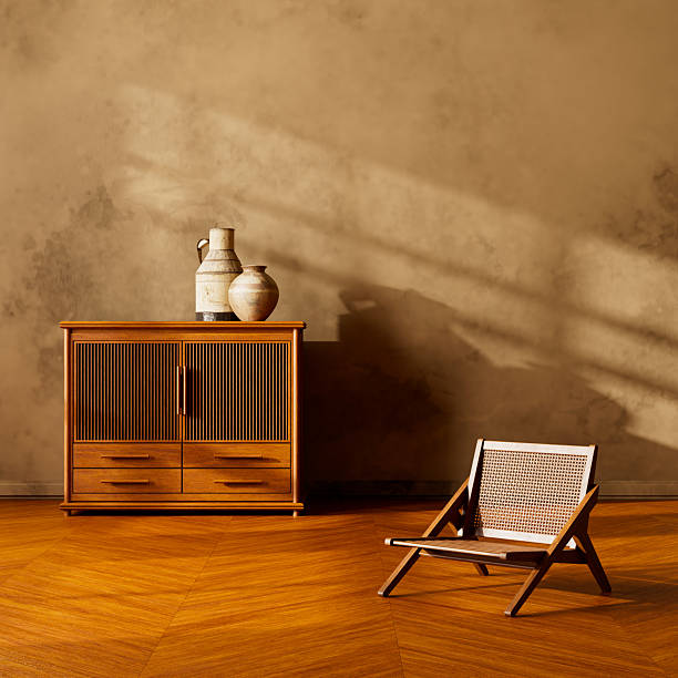 istock Boho interior with wooden cabinet and accent chair. 3D illustration 2237302916