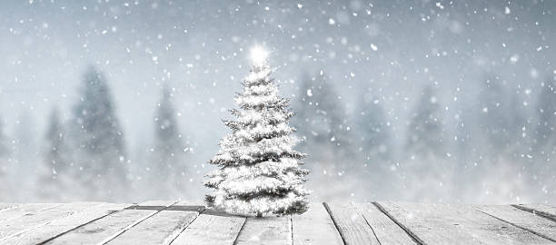 istock Illuminated decorated Christmas tree in front of a snowy winter forest 2237303442