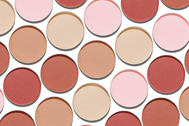 Cosmetics texture pattern, Neutral brown beige eye shadow makeup palette, round eye powder swatches. Female cosmetic and beauty products, aesthetic minimal beauty photo, natural eyeshade, above view