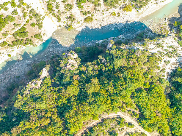 Top-down photo of a winding river flowing through dense green forest and rocky terrain. Natural outdoor scenery with water, trees, and rugged land. Aerial nature landscape showing wilderness.