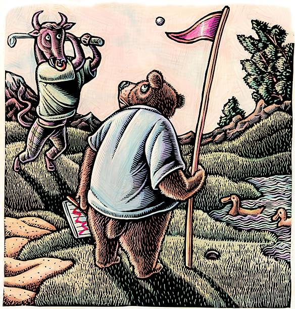 Bear and bull play golf on a golf course.