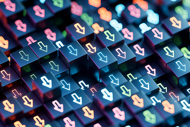 istock Arrows Moving Down on Black Block Shapes 2237313336