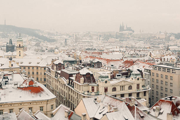A stunning panoramic view of a snow-covered cityscape, showcasing rooftops blanketed in white. A serene winter atmosphere envelops the landscape.