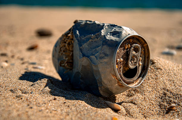istock Environmental Pollution: A Crushed Aluminum Can on a Sandy Beach 2237323946