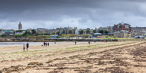 St Andrews in Fife, Scotland, viewed from the long West Sands beach.