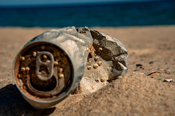 istock Environmental Pollution: A Crushed Aluminum Can on a Sandy Beach 2237324497
