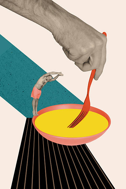 istock 3D collage trend artwork composite poster of big hand hold fork dish plate aged man jumo diving meal gourmet restaurant kitchen culinary 2237326128