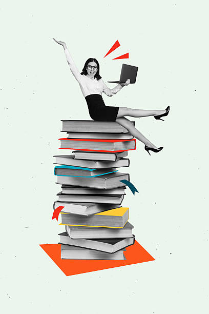 istock Creative trend artwork design 3D collage sketch of student textbook study read young woman sit pile book work laptop good mood success. 2237326302