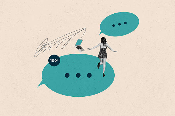 Collage with person surrounded by message bubbles symbolizing chatting communication online interaction business