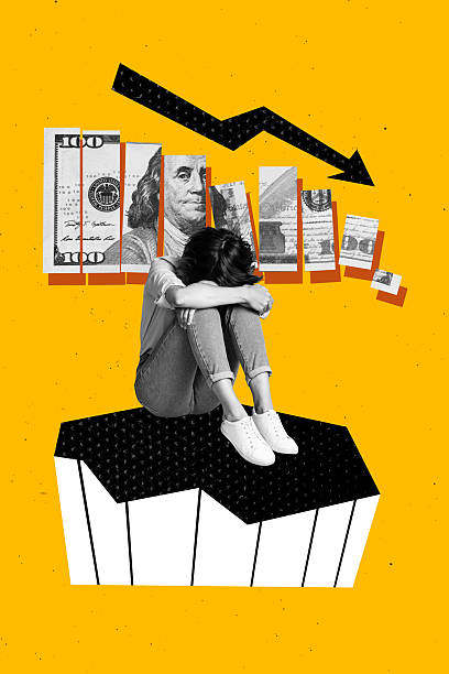 istock Template sketch image composite collage of young lady sit depressed arrow down block banknote recession business decrease earnings budget 2237327001