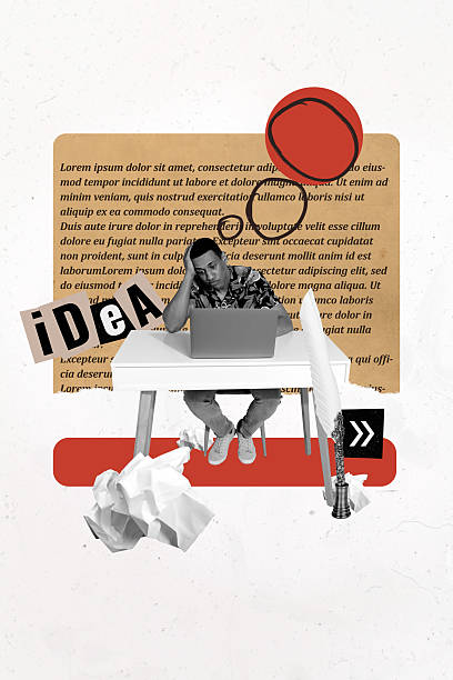 istock 3D collage poster template trend sketch of young man sit tablet think minded creative idea novel book writer letter story office manager 2237327015
