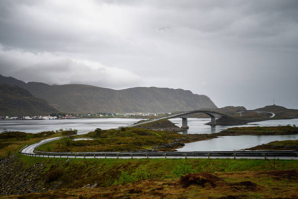 Connecting islands, the bridge crosses the calm fjord waters of Lofoten.