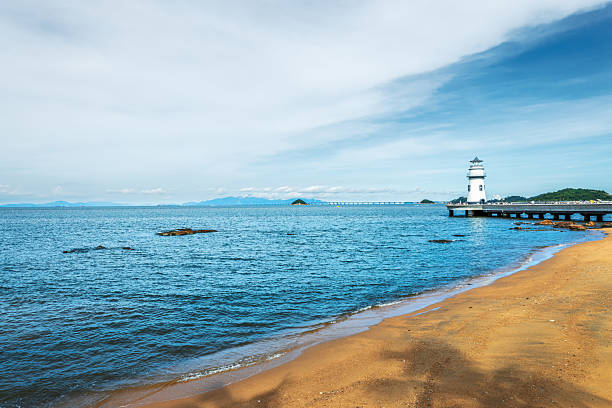 A white lighthouse stands on a pier near a sandy beach under a blue sky.