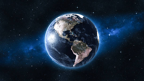View of planet Earth from outer space with the Americas clearly visible. Beautiful cosmic background with stars and galactic light, symbolizing space exploration, science, environment, and the unity of our planet. \nMaps from NASA: https://visibleearth.nasa.gov/images/144875/earth-at-night-black-marble-2012-color-maps-v2