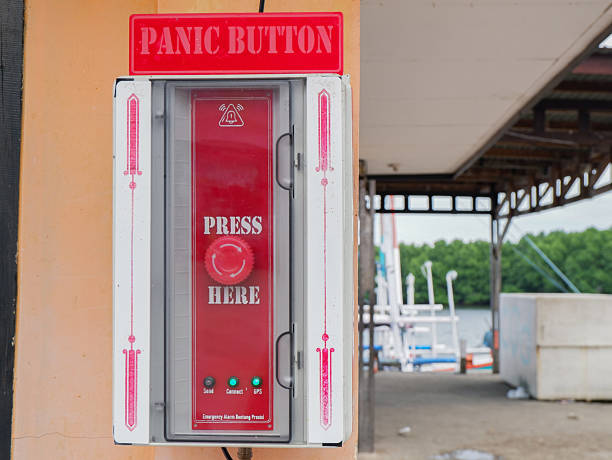 Emergency panic button mounted on a wall for safety and security alert, outdoor location with clear signage, designed for quick response in case of danger or emergency situation.