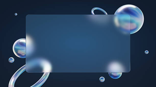 Modern fashionable background. Transparent frame floats against a dark gradient background, surrounded by iridescent bubbles and rings. Perfect for digital creative backgrounds, this abstract composition conveys modern, futuristic visuals and clean design.
