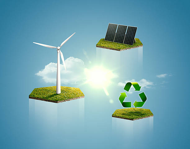 A wind turbine, solar panel and biogas energy symbol stand on hexagonal platforms against a cloudy sky.