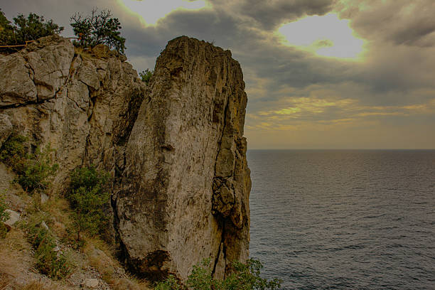 Scenic view of Cape Kapchik in Crimea with rocky cliffs and sea horizon under blue sky.