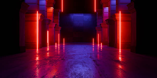istock Medieval Egyptian Underground Massive Concrete Cement Blocks Pillars Hallway Room Tunnel Corridor Bunker Hangar Realistic Stage Lights Empty Warehouse 3D Rendering 2237356613