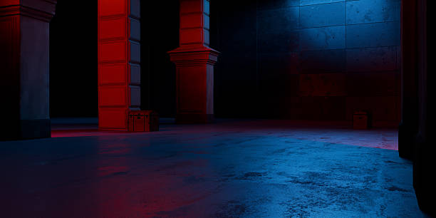 istock Medieval Egyptian Underground Massive Concrete Cement Blocks Pillars Hallway Room Tunnel Corridor Bunker Hangar Realistic Stage Lights Empty Warehouse 3D Rendering 2237356776