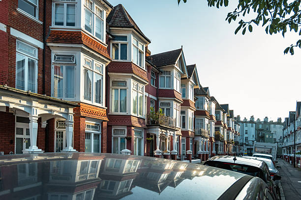 Row of ornate townhouses in Eastbourne, East Sussex, UK.