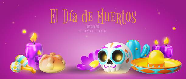 istock Dia de Los Muertos day 3D vector banner, Mexican culture symbols Calavera painted sugar skull, candles, bread, maracas 2237369212