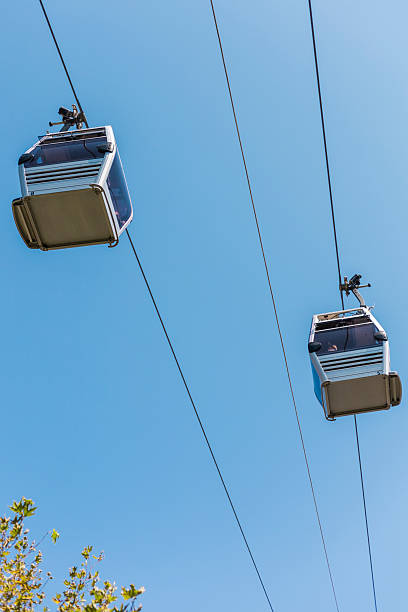 istock Two cable cars move smoothly along their cables, set against a bright blue sky. Green trees peek into view below, hinting at the natural beauty surrounding the area 2237375705