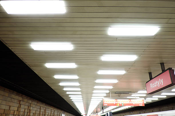 Milan subway station connection tunnel. The image shows an empty tunnel with nice light bulbs illuminated.