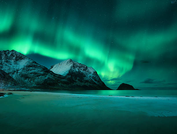 istock Aurora borealis on night sky over snowy mountains and sandy beach 2237386517
