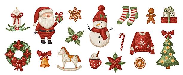 istock Christmas set with Santa, snowman and decorated fir tree. Winter holiday elements in flat style with noise texture 2237387698