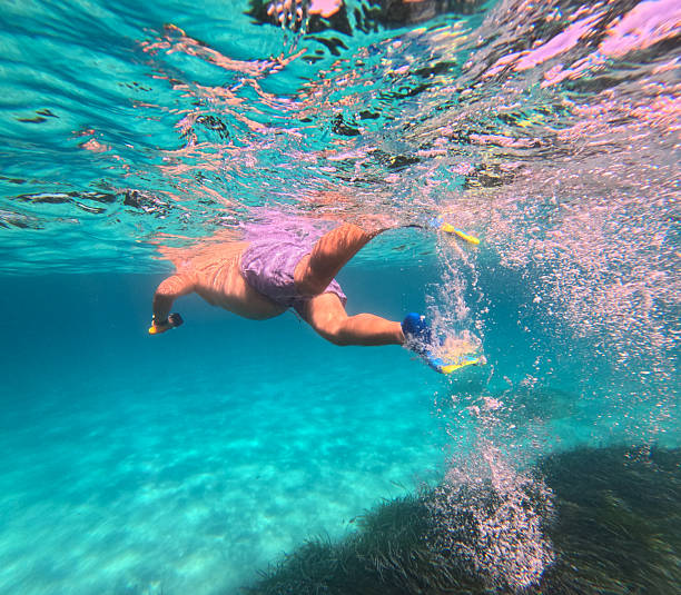 istock Fat man swimming with swimfin sea 2237388375