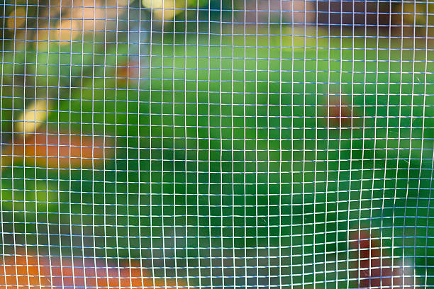 A close-up, out-of-focus shot of a wire mesh with a vibrant green and orange background.