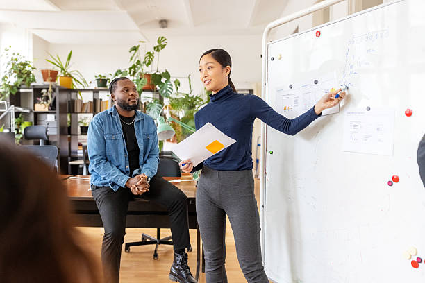 istock Asian woman professional  giving presentation to her team using whiteboard at office 2237401344