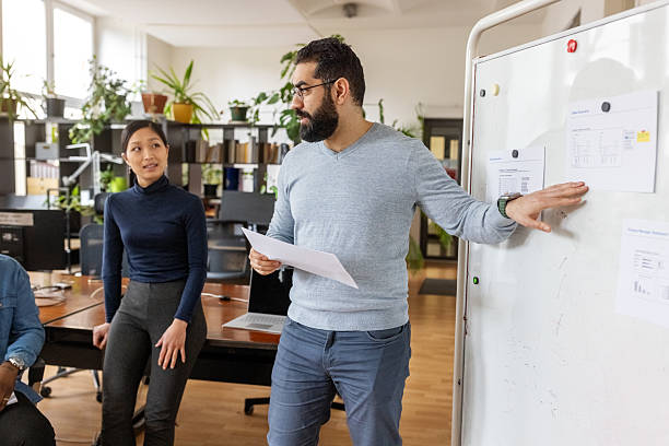 istock Startup leader presents key insights from a document displayed on a whiteboard 2237401363