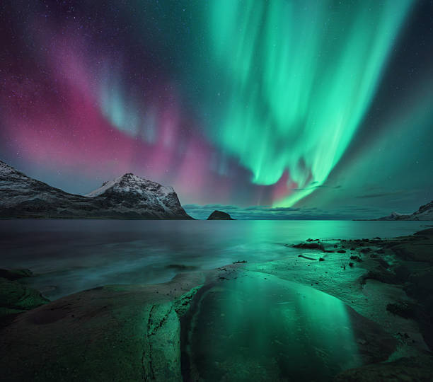 istock Aurora borealis on night starry sky and rocky beach in Norway 2237403466