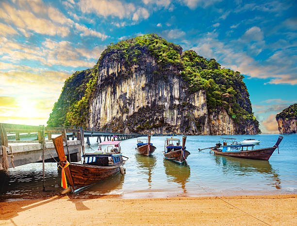 Scenery Thailand sea and island with typical boats.Adventures and travel destination.