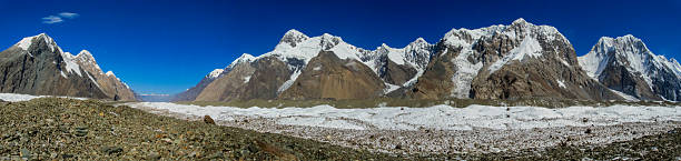 istock Tian Shan mountains snow peaks high resolution wide angle panoramic landscape. South Inylchek glacier, Enilchek Khan Tengri and Pobeda Victory peak base camp 2237420517